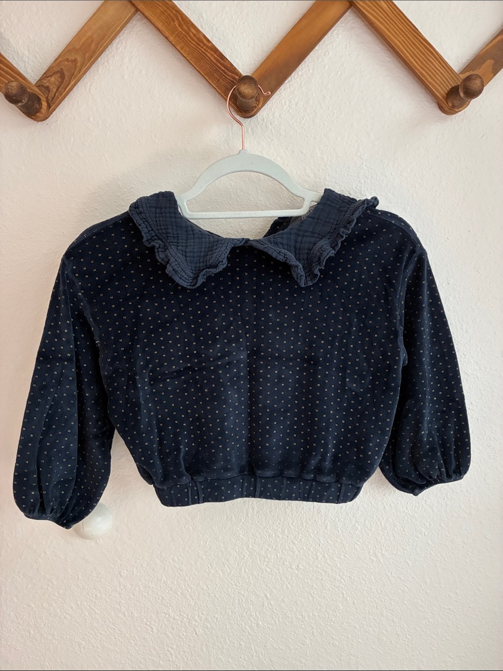 Velour Navy Long-Sleeve Ruffle Collar Polka Dot Girls/Unisex Matching Set